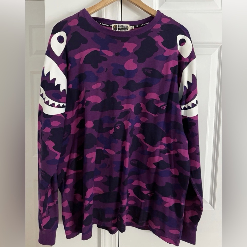 A Bathing Ape (BAPE) Purple Camo Shark Long-Sleeve Sweater